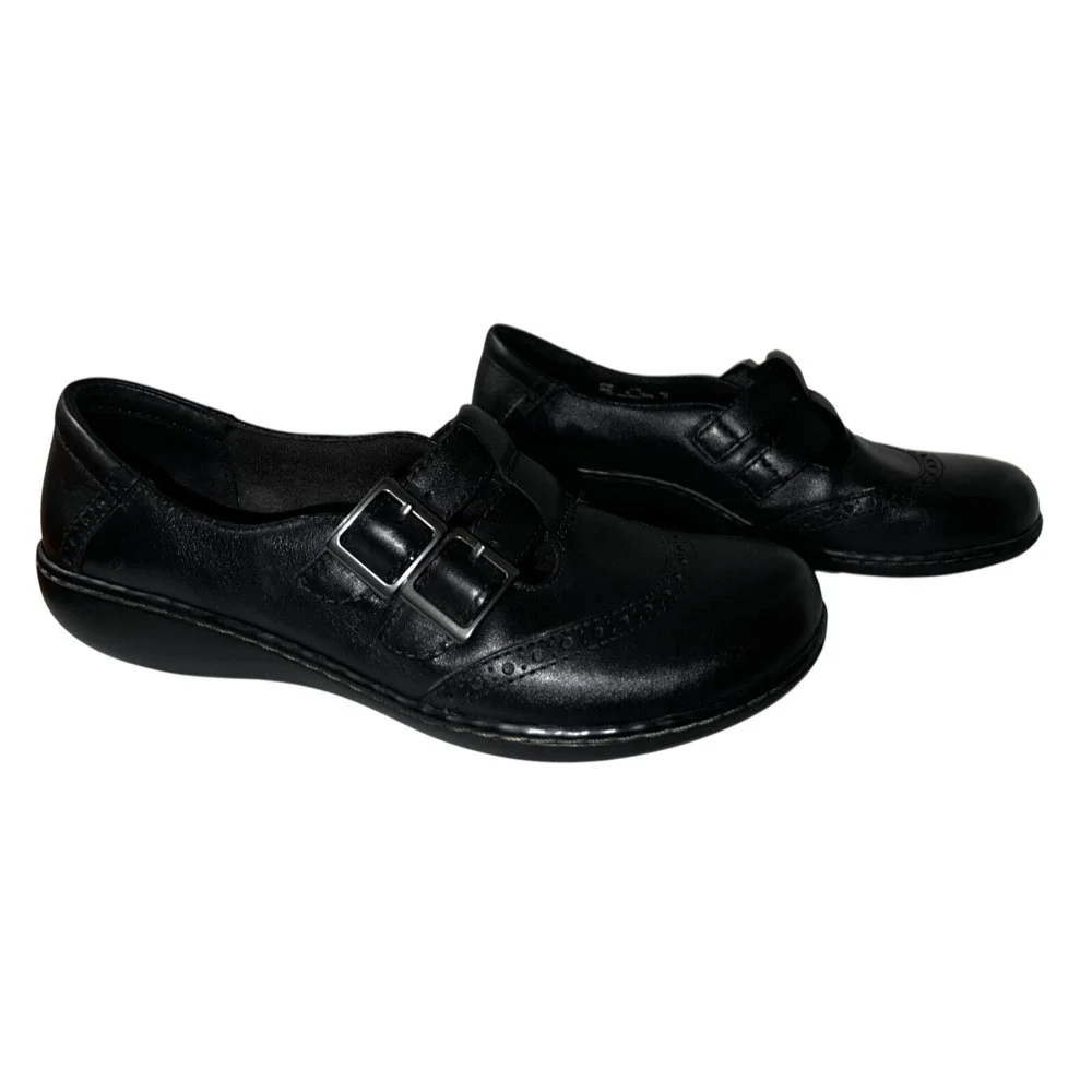 Clarks Bendables Black Leather Double Buckle Mary Jane Brogue Shoes Womens 9.5M